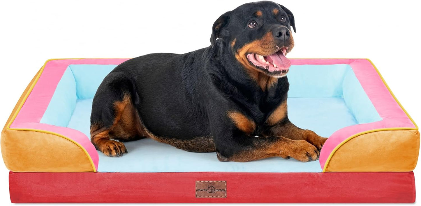 Comfort Expression Orthopedic Dog Bed for Extra Large Dogs with Bolster | Waterproof Dog Couch Bed with Washable Cover & Non-Slip Bottom, Supportive Egg Crate Foam XL Pet Bed, 42x30 Inch