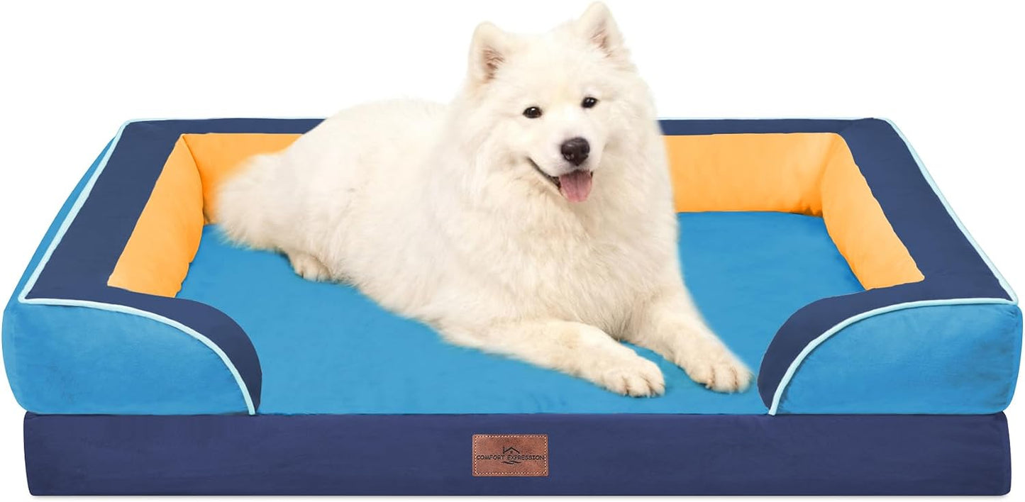 Comfort Expression Orthopedic Dog Bed for Extra Large Dogs with Bolster | Waterproof Dog Couch Bed with Washable Cover & Non-Slip Bottom, Supportive Egg Crate Foam XL Pet Bed, 42x30 Inch