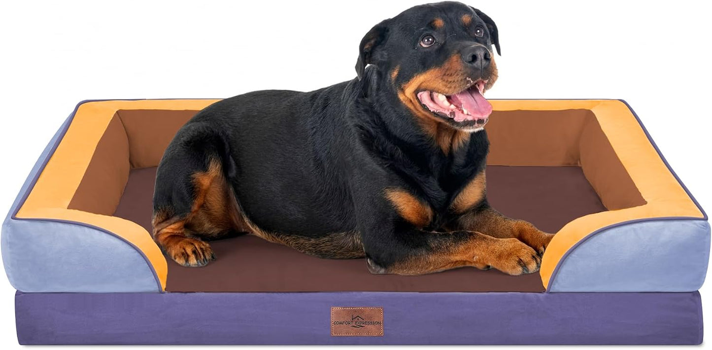 Comfort Expression Orthopedic Dog Bed for Extra Large Dogs with Bolster | Waterproof Dog Couch Bed with Washable Cover & Non-Slip Bottom, Supportive Egg Crate Foam XL Pet Bed, 42x30 Inch