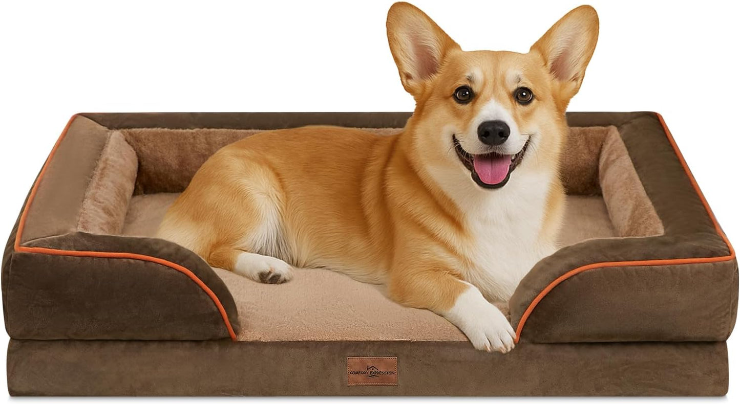 Comfort Expression Orthopedic Dog Bed for Extra Large Dogs with Bolster | Waterproof Dog Couch Bed with Washable Cover & Non-Slip Bottom, Supportive Egg Crate Foam XL Pet Bed, 42x30 Inch