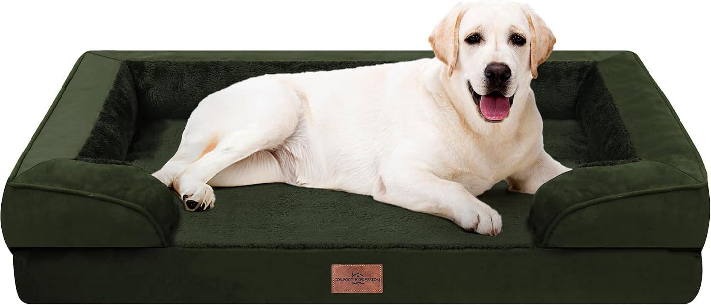 Comfort Expression Orthopedic Dog Bed for Extra Large Dogs with Bolster | Waterproof Dog Couch Bed with Washable Cover & Non-Slip Bottom, Supportive Egg Crate Foam XL Pet Bed, 42x30 Inch