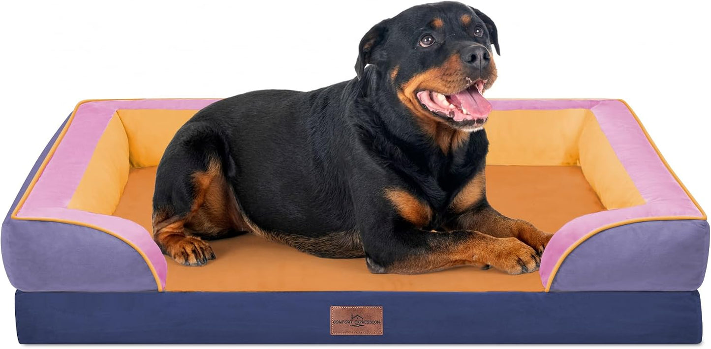 Comfort Expression Orthopedic Dog Bed for Extra Large Dogs with Bolster | Waterproof Dog Couch Bed with Washable Cover & Non-Slip Bottom, Supportive Egg Crate Foam XL Pet Bed, 42x30 Inch