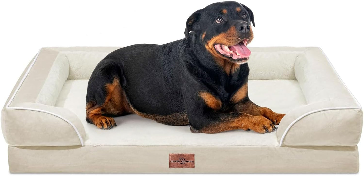 Comfort Expression Orthopedic Dog Bed for Extra Large Dogs with Bolster | Waterproof Dog Couch Bed with Washable Cover & Non-Slip Bottom, Supportive Egg Crate Foam XL Pet Bed, 42x30 Inch