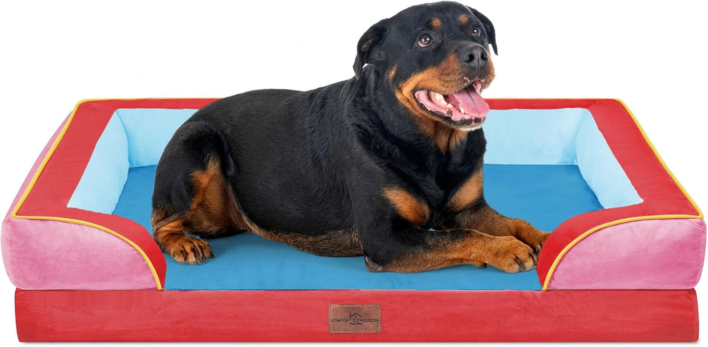 Comfort Expression Orthopedic Dog Bed for Extra Large Dogs with Bolster | Waterproof Dog Couch Bed with Washable Cover & Non-Slip Bottom, Supportive Egg Crate Foam XL Pet Bed, 42x30 Inch