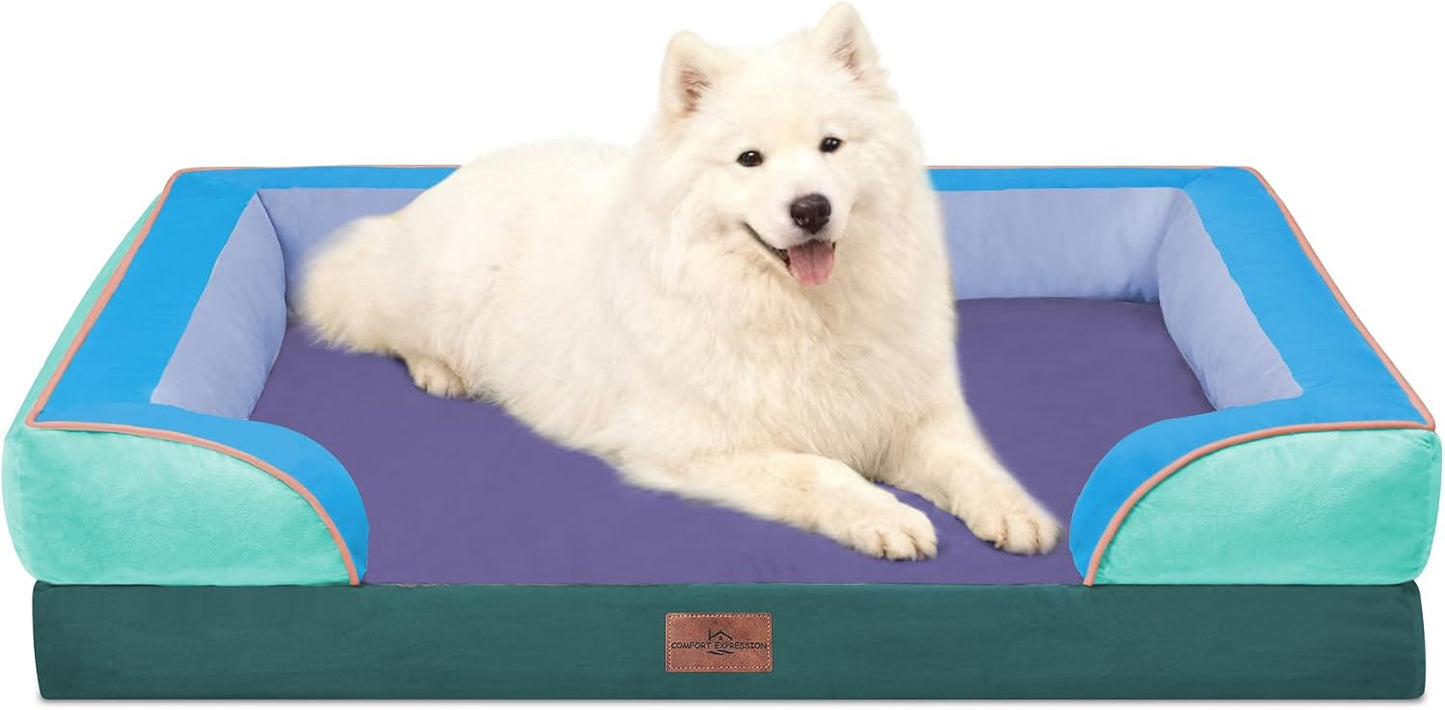 Comfort Expression Orthopedic Dog Bed for Extra Large Dogs with Bolster | Waterproof Dog Couch Bed with Washable Cover & Non-Slip Bottom, Supportive Egg Crate Foam XL Pet Bed, 42x30 Inch