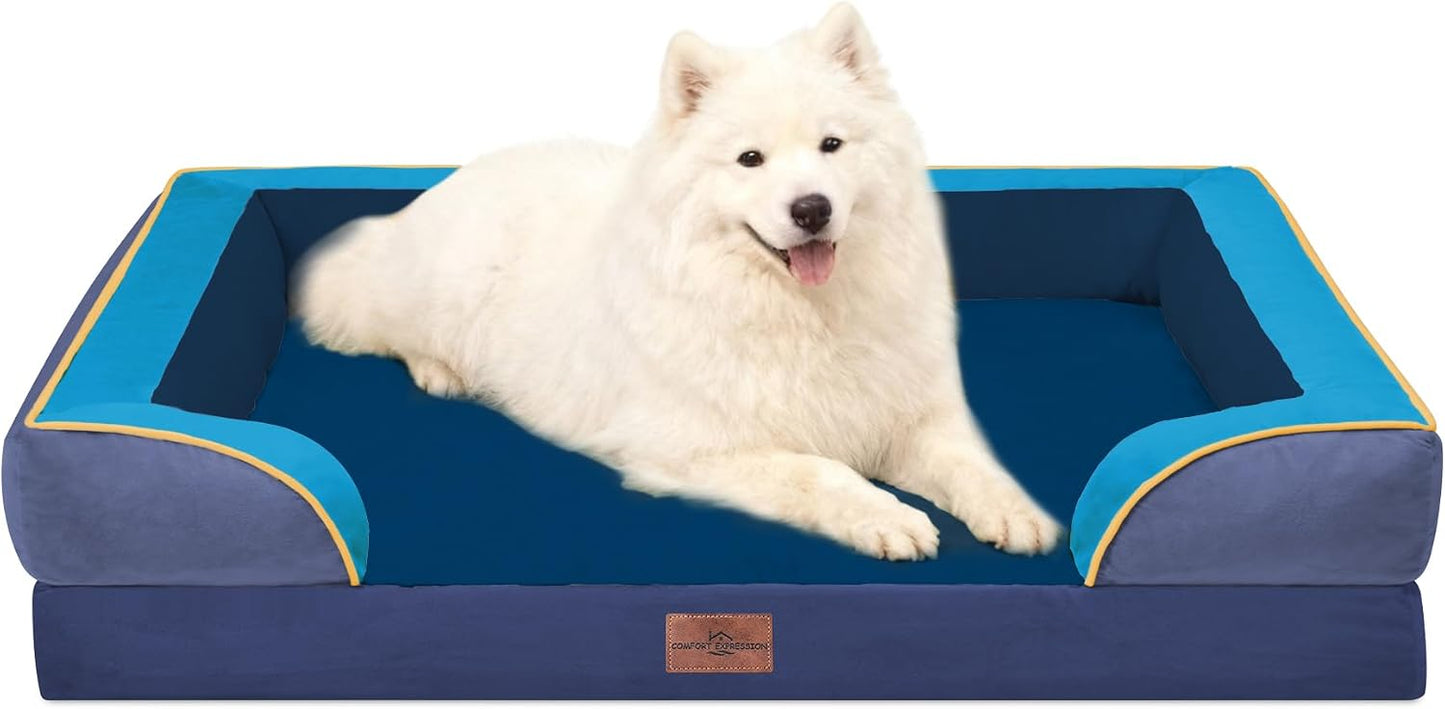 Comfort Expression Orthopedic Dog Bed for Extra Large Dogs with Bolster | Waterproof Dog Couch Bed with Washable Cover & Non-Slip Bottom, Supportive Egg Crate Foam XL Pet Bed, 42x30 Inch