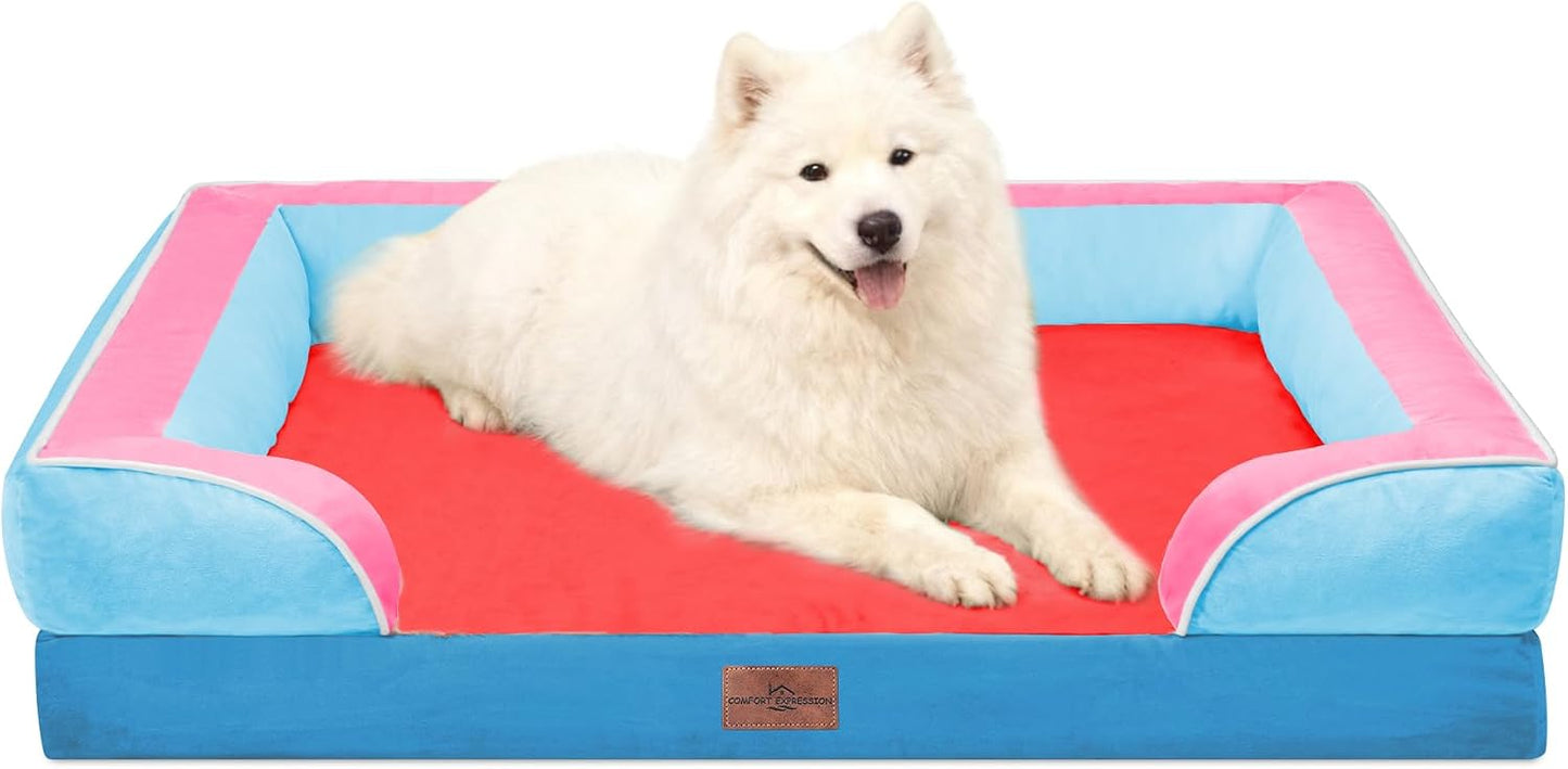 Comfort Expression Orthopedic Dog Bed for Extra Large Dogs with Bolster | Waterproof Dog Couch Bed with Washable Cover & Non-Slip Bottom, Supportive Egg Crate Foam XL Pet Bed, 42x30 Inch