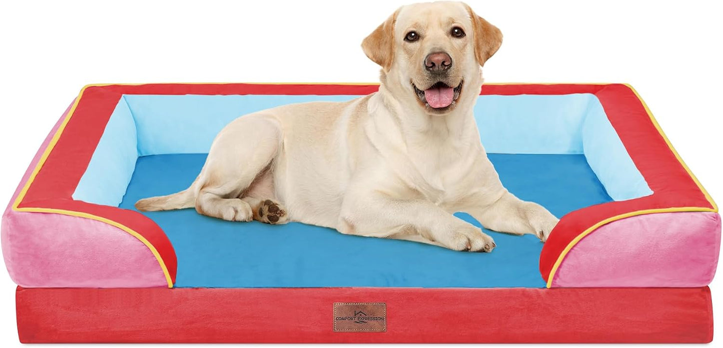 Comfort Expression Orthopedic Dog Bed for Extra Large Dogs with Bolster | Waterproof Dog Couch Bed with Washable Cover & Non-Slip Bottom, Supportive Egg Crate Foam XL Pet Bed, 42x30 Inch