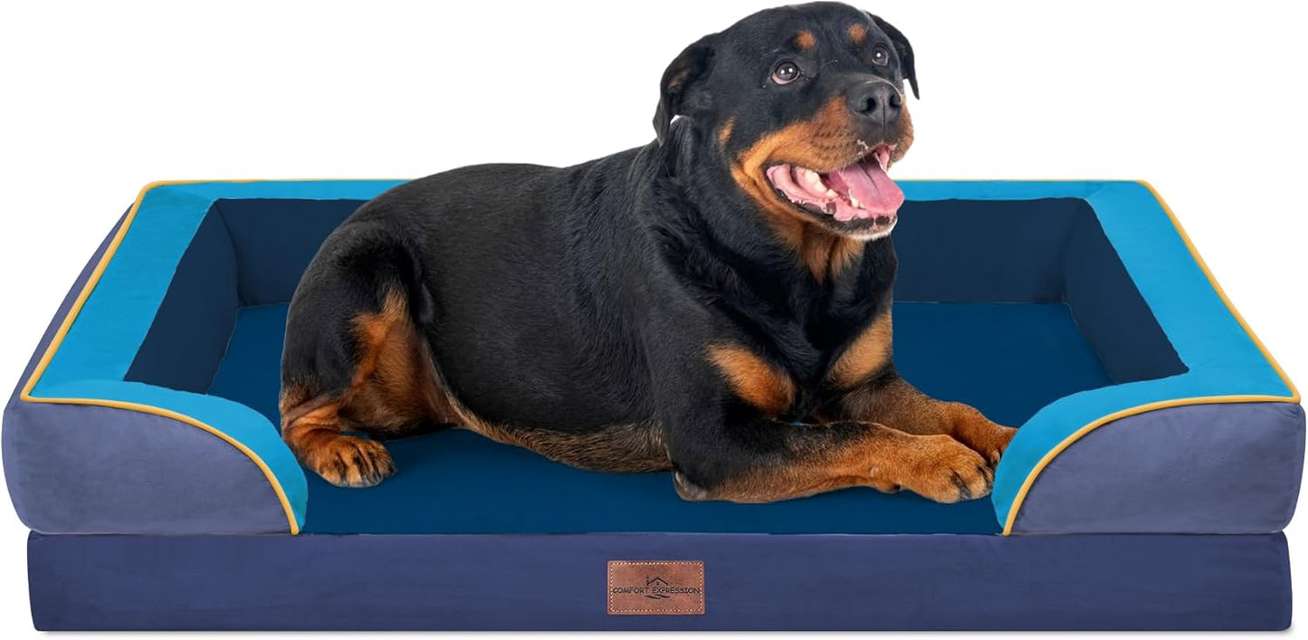 Comfort Expression Orthopedic Dog Bed for Extra Large Dogs with Bolster | Waterproof Dog Couch Bed with Washable Cover & Non-Slip Bottom, Supportive Egg Crate Foam XL Pet Bed, 42x30 Inch