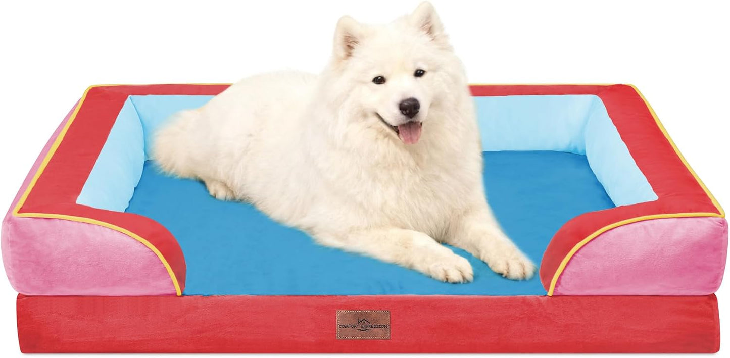 Comfort Expression Orthopedic Dog Bed for Extra Large Dogs with Bolster | Waterproof Dog Couch Bed with Washable Cover & Non-Slip Bottom, Supportive Egg Crate Foam XL Pet Bed, 42x30 Inch