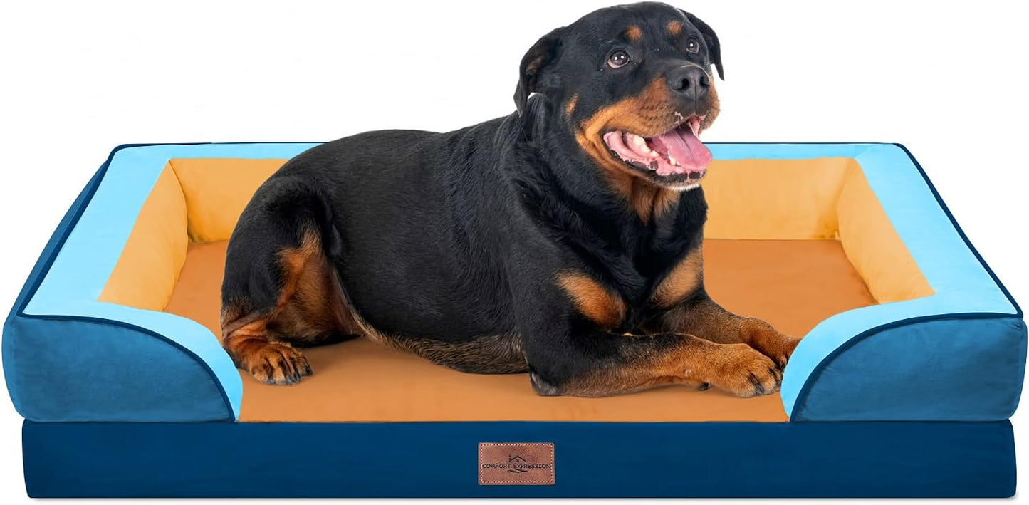 Comfort Expression Orthopedic Dog Bed for Extra Large Dogs with Bolster | Waterproof Dog Couch Bed with Washable Cover & Non-Slip Bottom, Supportive Egg Crate Foam XL Pet Bed, 42x30 Inch
