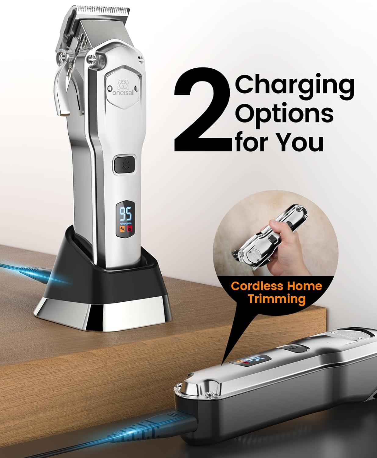 oneisall Professional Dog Grooming Clippers for Thick Hair | 4 Metal Combs,Stainless Steel Blades,Rechargeable Cordless,Low Noise,4H Runtime,IPX7 Waterproof,LED Display,676PRO | Product image 4