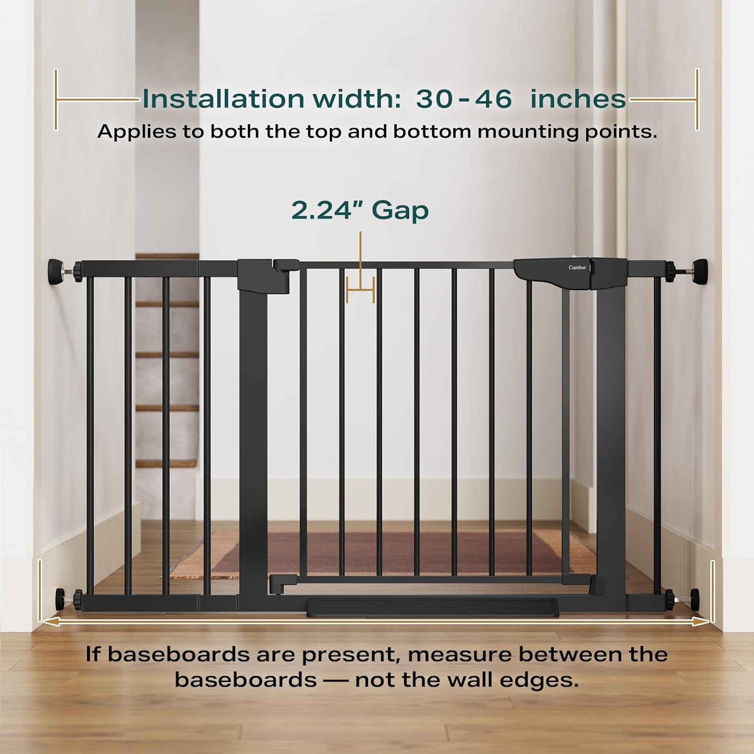 Cumbor 30-46" Baby Gate for Stairs, Auto Close Dog Gate for the House Black | Easy Install Pressure Mounted Pet Gates for Doorway, Dual Lock Indoor Safety Gate for Baby & Dog, Mom's Choice Awards Winner | Product image 5