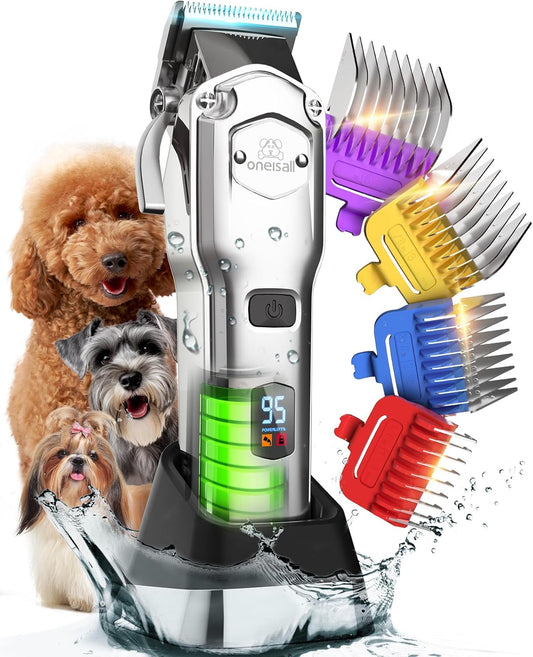oneisall Professional Dog Grooming Clippers for Thick Hair | 4 Metal Combs,Stainless Steel Blades,Rechargeable Cordless,Low Noise,4H Runtime,IPX7 Waterproof,LED Display,676PRO | Silver Pro Dog Clipper | Main product image