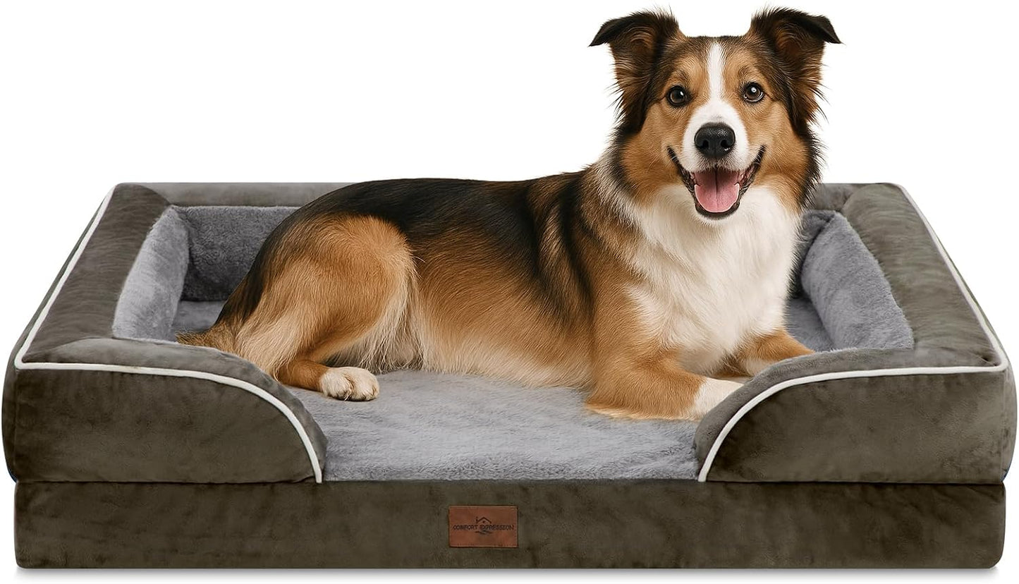 Comfort Expression Orthopedic Dog Bed for Extra Large Dogs with Bolster | Waterproof Dog Couch Bed with Washable Cover & Non-Slip Bottom, Supportive Egg Crate Foam XL Pet Bed, 42x30 Inch