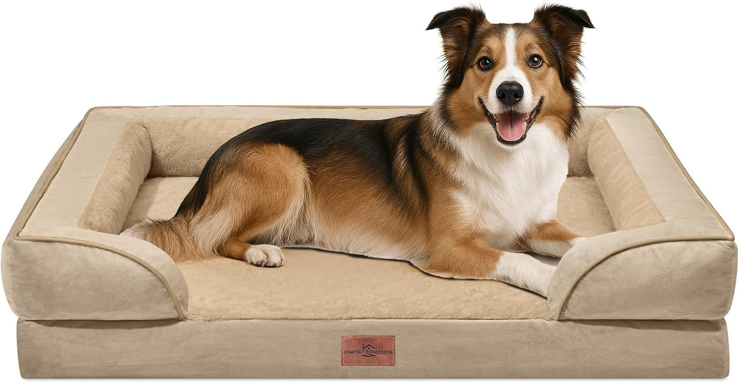 Comfort Expression Orthopedic Dog Bed for Extra Large Dogs with Bolster | Waterproof Dog Couch Bed with Washable Cover & Non-Slip Bottom, Supportive Egg Crate Foam XL Pet Bed, 42x30 Inch