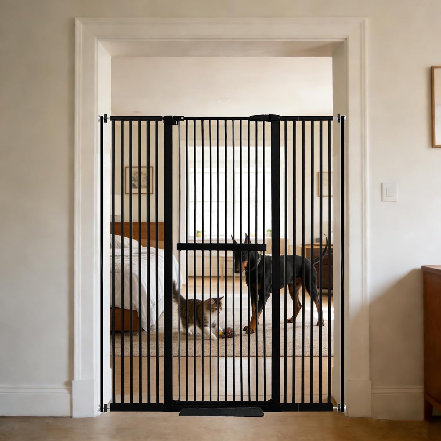 Lumizone 61.02" Extra Tall Pet Gate for Cat Dog 30.12"-59.24" Wide Black | Extra Tall Cat Gate for Doorway Hallway Stairs Pressure Mounted 1.37" Gap No Drilling Auto-Close Dual-Lock | 30.12"-59.24" W / 61.02" H-black | Main product image
