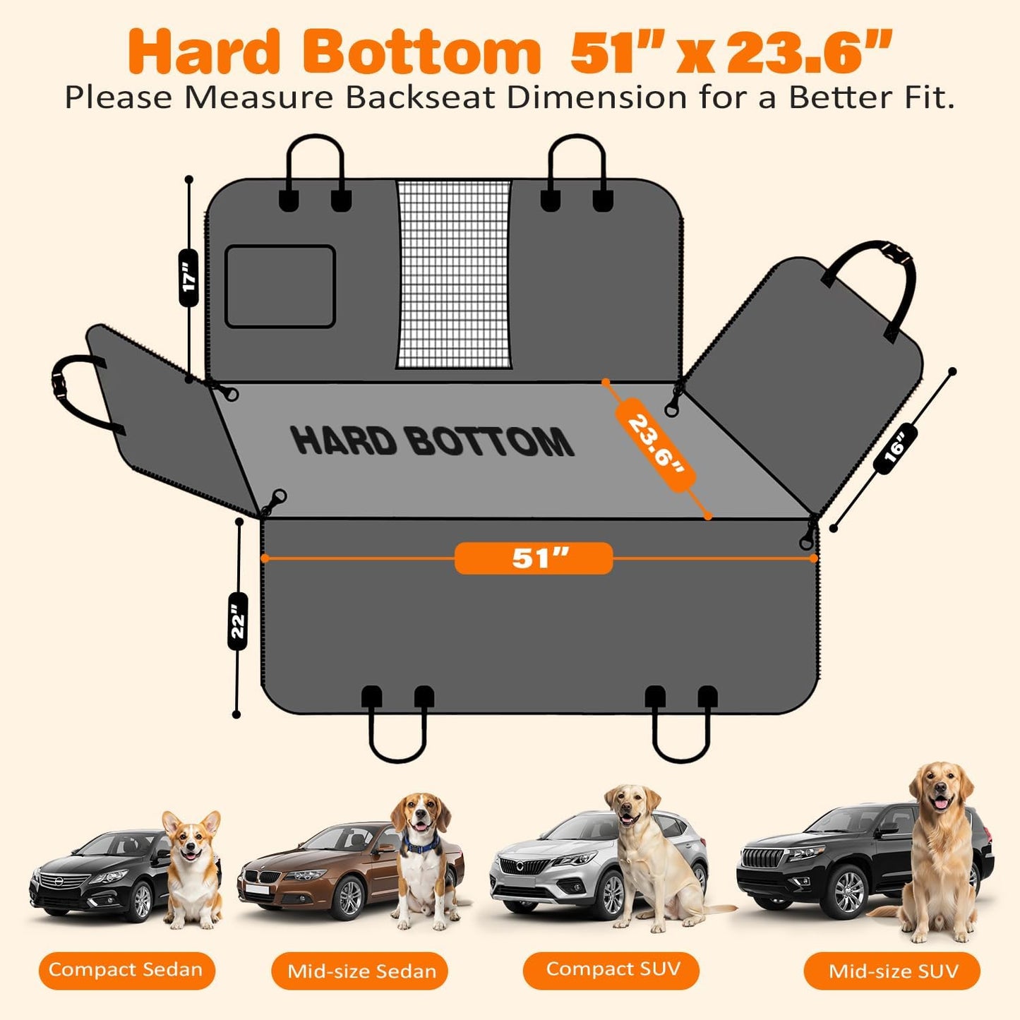 URPOWER Hard Bottom Dog Car Seat Cover for Back Seat | Matte Black / Standard - 54" Length | Non-slip backing detail