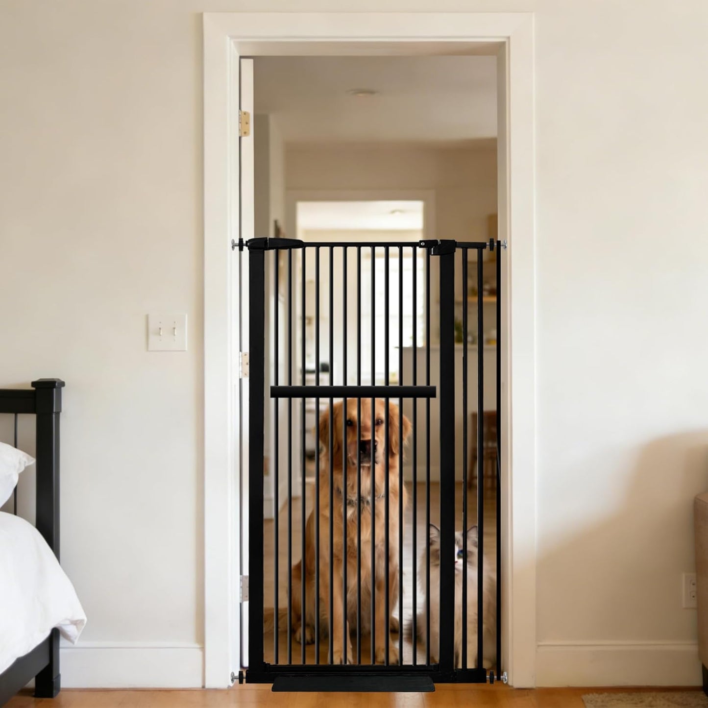 61.02" Extra Tall Pet Gate for Cat Dog 30.12"-59.24" Wide Black | Extra Tall Cat Gate for Doorway Hallway Stairs Pressure Mounted 1.37" Gap No Drilling Auto-Close Dual-Lock