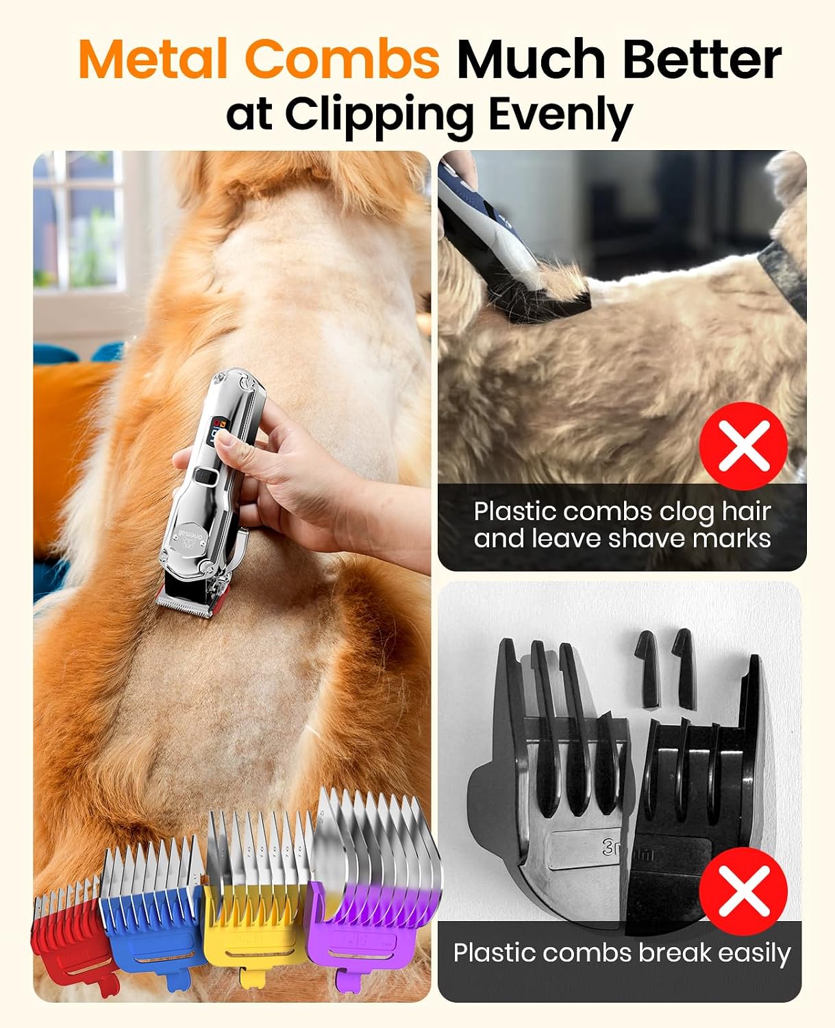 oneisall Professional Dog Grooming Clippers for Thick Hair | 4 Metal Combs,Stainless Steel Blades,Rechargeable Cordless,Low Noise,4H Runtime,IPX7 Waterproof,LED Display,676PRO | Product image 3