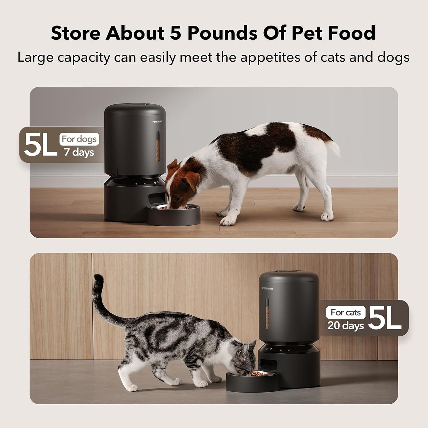 PETLIBRO Automatic Cat Feeder, 5G WiFi Automatic Dog Food Dispenser with Freshness Preservation, 5L Timed Pet Feeder with Low Food Sensor, Up to 10 Meals Per Day, Granary Black | Product image 6
