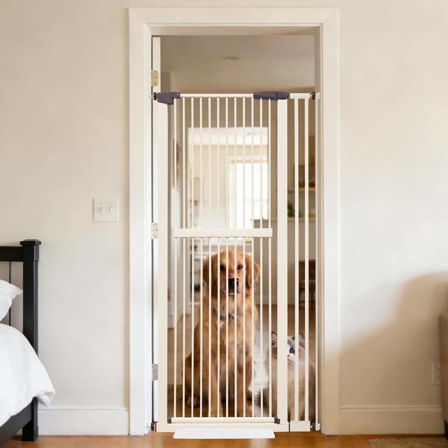 61.02" Extra Tall Pet Gate for Cat Dog 30.12"-59.24" Wide Black | Extra Tall Cat Gate for Doorway Hallway Stairs Pressure Mounted 1.37" Gap No Drilling Auto-Close Dual-Lock