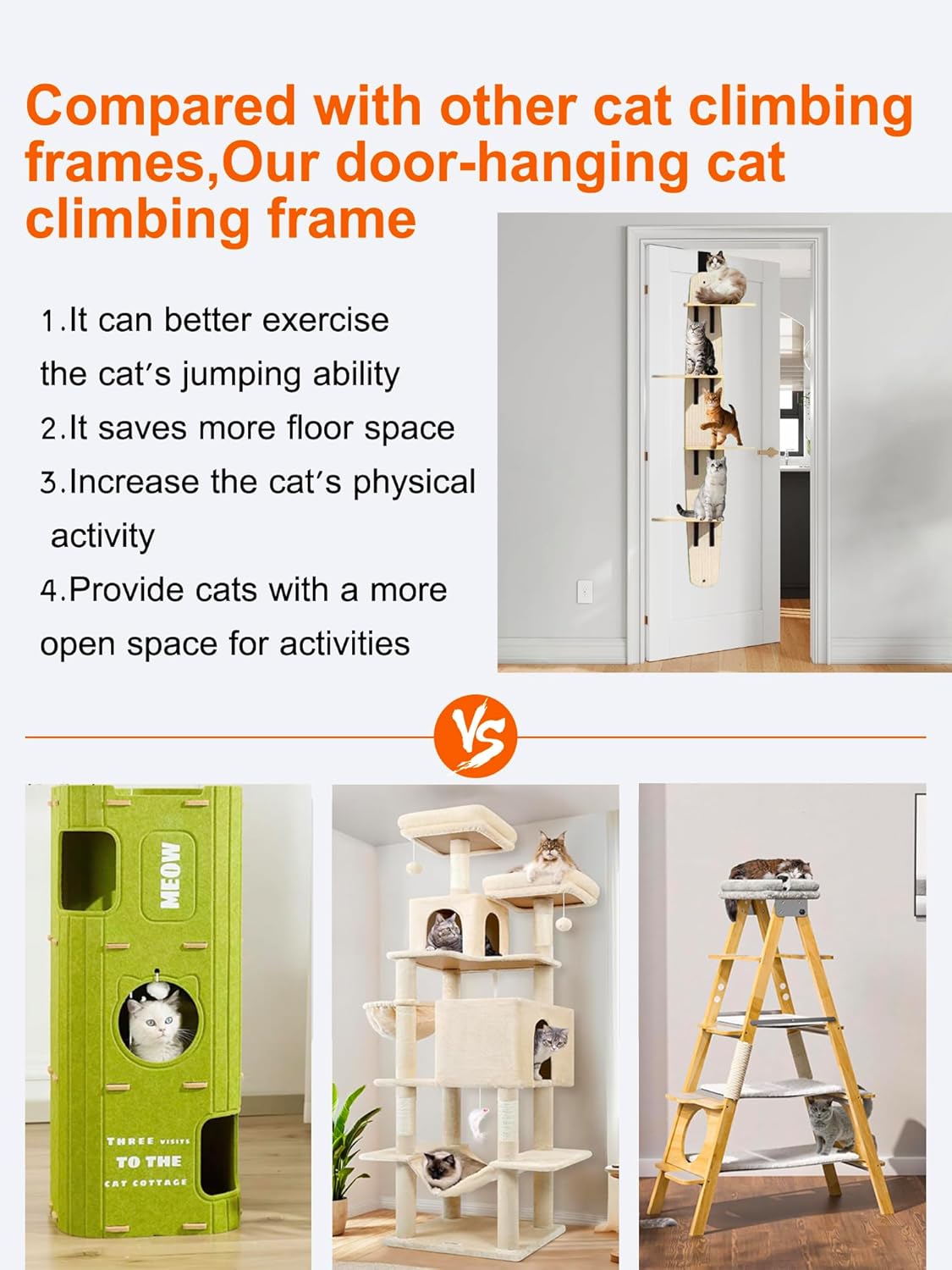 Door Hanging Cat Tree,Door Hanging Cat Shelf with Soft Mat,4-Levels Over The Door Cat Climber for Indoor Cats(Wooden-67.3" H X 23.2" L X 8.3" W) | Product image 4