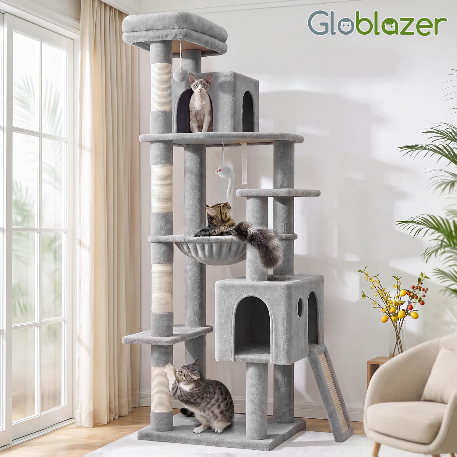 Globlazer Heavy Duty Cat Tree, 70 inch Sturdy Cat Tree for Indoor Cats Extra Large Cat Tower with Scratching Post, Hammock, Cat Condo for Adult Cats Kittens, F70 Pro, Light Grey | Product image 7