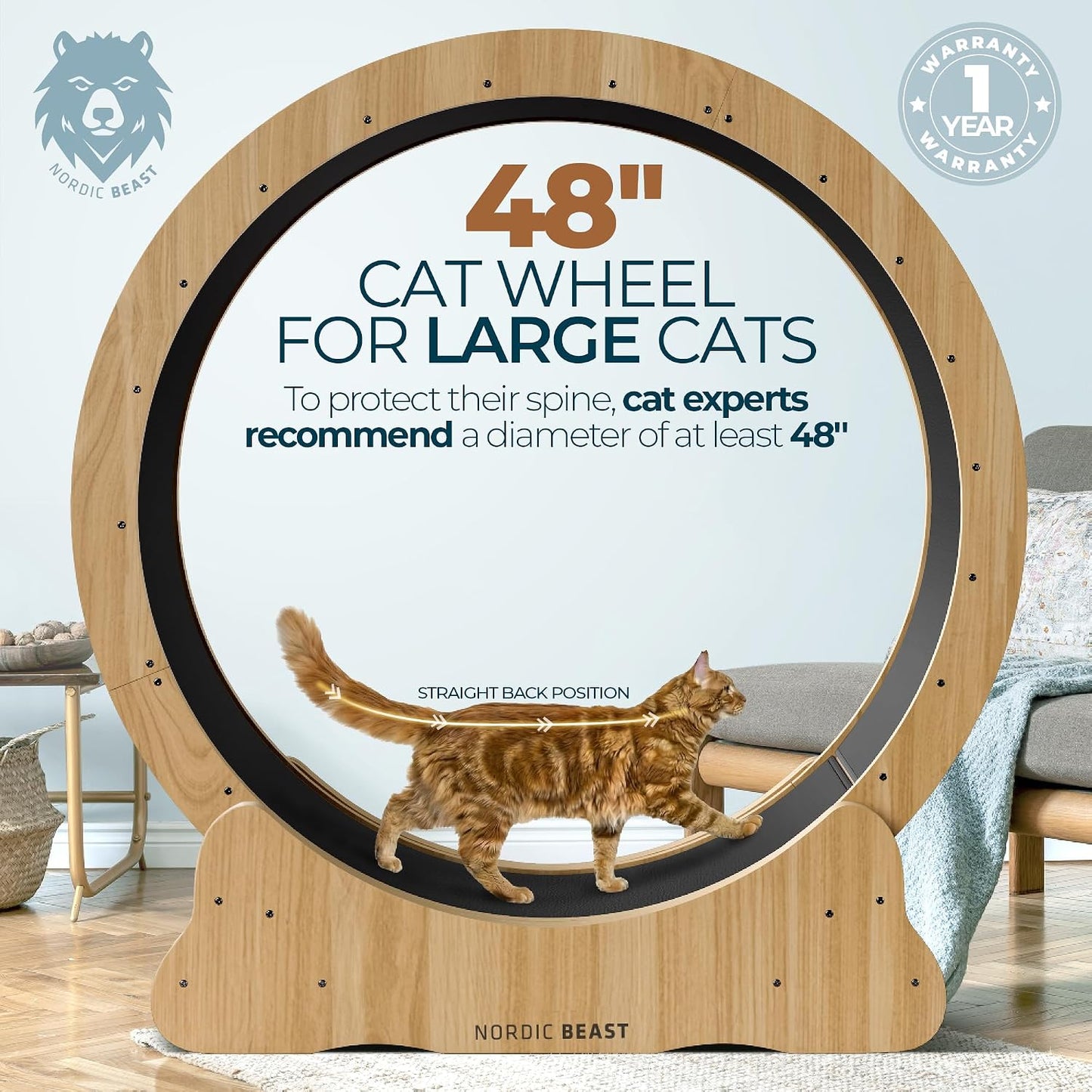 Walnut Wood 48'' XL Cat Wheel - Cat Wheels for Indoor Cats Which Doesn't Negatively Affect Your Cat's Spine - 15.7'' Extra Wide Walnut Exercise Wheel - Fits 2 Cats Side-by-Side, 1-Year Warranty | Product image 4