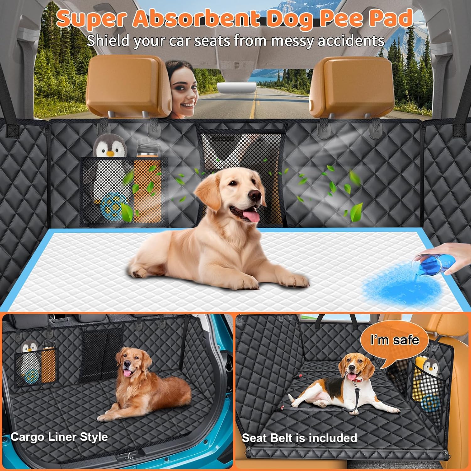 URPOWER Hard Bottom Dog Car Seat Cover for Back Seat | Matte Black / Standard - 54" Length | Waterproof feature detail