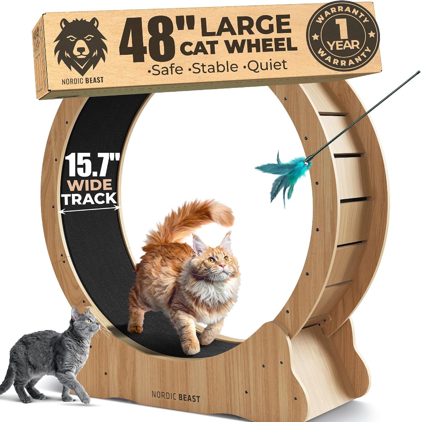 Walnut Wood 48'' XL Cat Wheel - Cat Wheels for Indoor Cats Which Doesn't Negatively Affect Your Cat's Spine - 15.7'' Extra Wide Walnut Exercise Wheel - Fits 2 Cats Side-by-Side, 1-Year Warranty | Walnut | Main product image