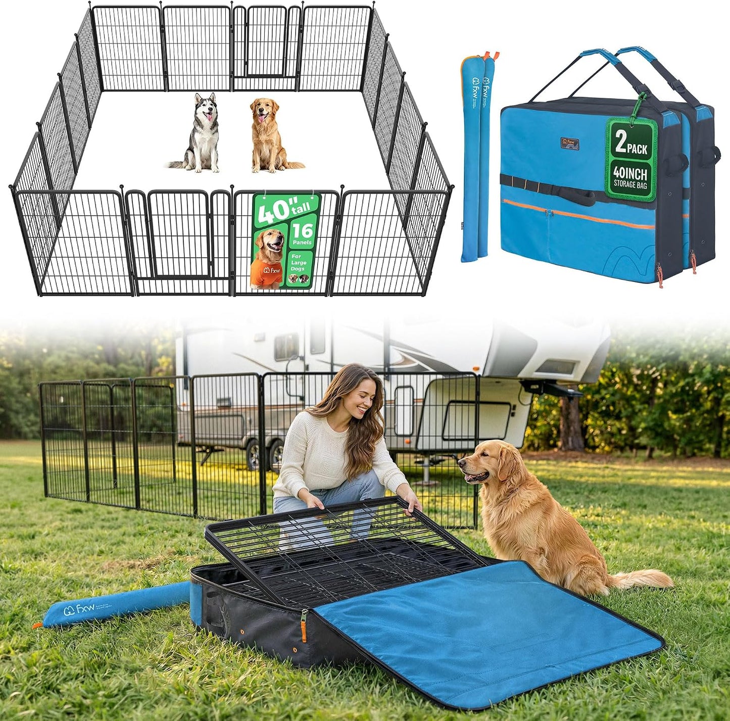 Rollick Dog Playpen, Indoor, Yard & RV Camping, 24" H, 8 Panels | Easy setup, Heavy-duty, DIY layouts, Walk-through gate, for Puppies & Small Dogs, Patented